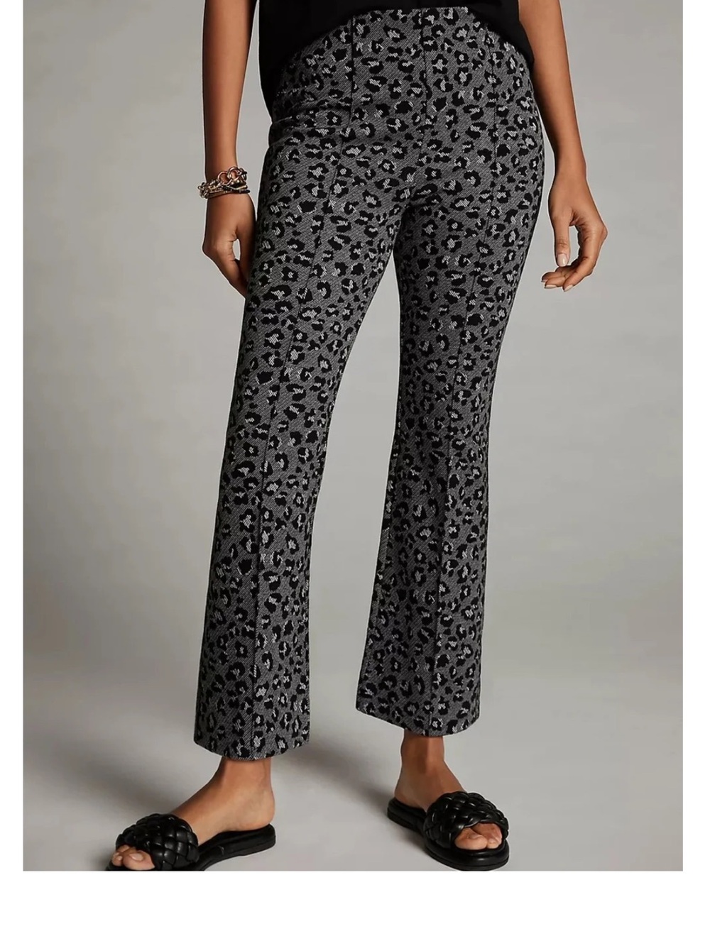 Anthropologie Black and Gray Leopard-Print Bootcut cropped Pull on pants